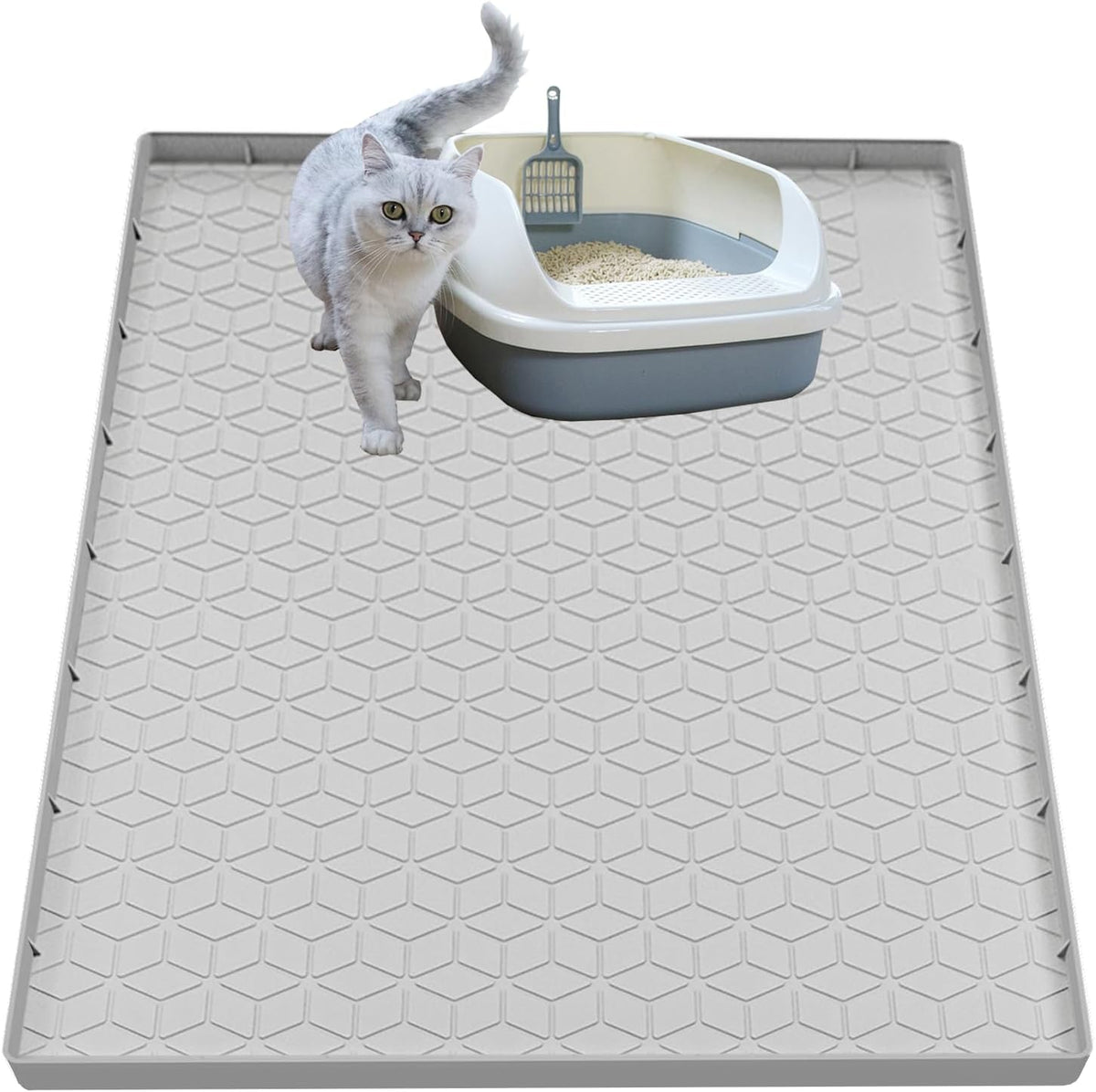 Cat Litter Mat for Litter Box, Silicone Large Cat Litter Trapping Mat - 28x22 in, Waterproof & Non-Slip, Durable & Easy Clean, Light Gray