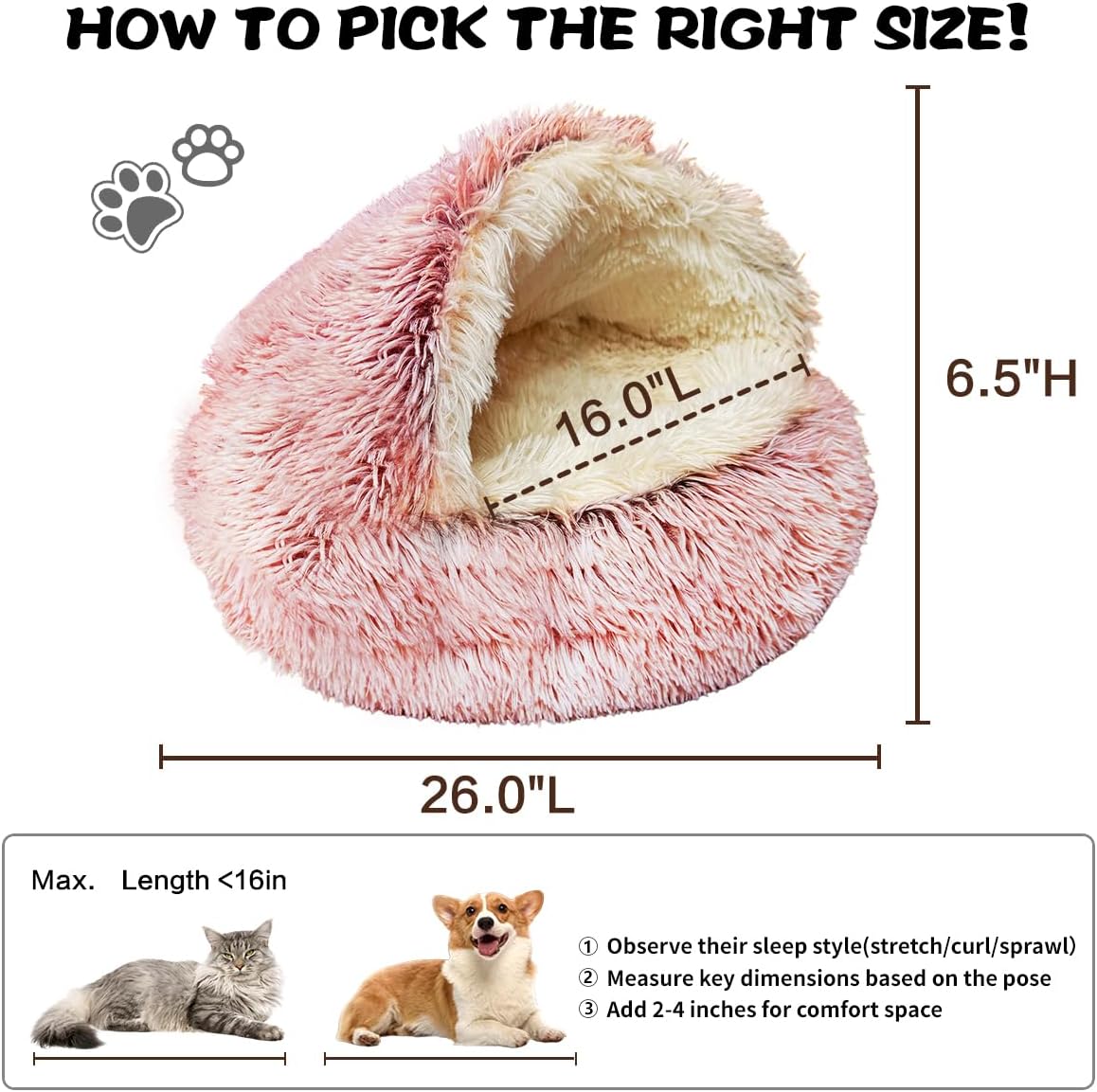 ShinHye Cat Bed Round Plush Fluffy Hooded Cat Bed Cave, Cozy for Indoor Cats or Small Dog beds, Soothing Pet Beds Doughnut Calm Anti-nxiety Dog Bed - Waterproof Bottom Washable (26×26inch, Pink)