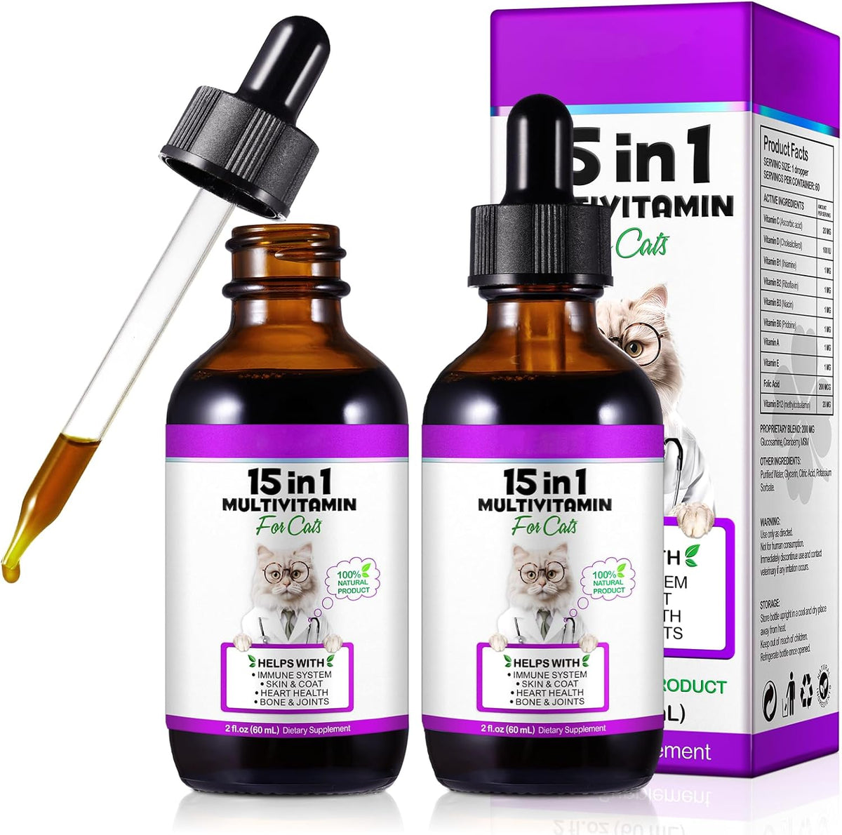 VOSIFSDIY Cat Multivitamin,15 in 1 Cat Vitamins Liquid Drops Supplements for Heart Health, Bones, Joint, Skin & Coat, Bladder, Immune System Support 60ml-2pcs