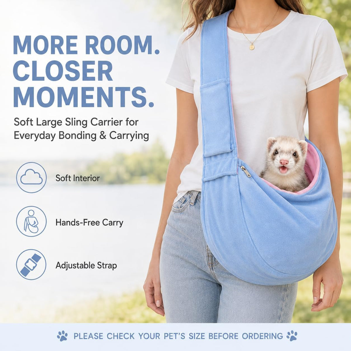 Ferret Sling Carrier, Soft Fleece Small Pet Carrier Bag with Adjustable Shoulder Strap, Hands-Free Bonding Travel Pouch for Guinea Pigs, Kittens, Puppies & Small Rabbits Under 10 lbs, Blue