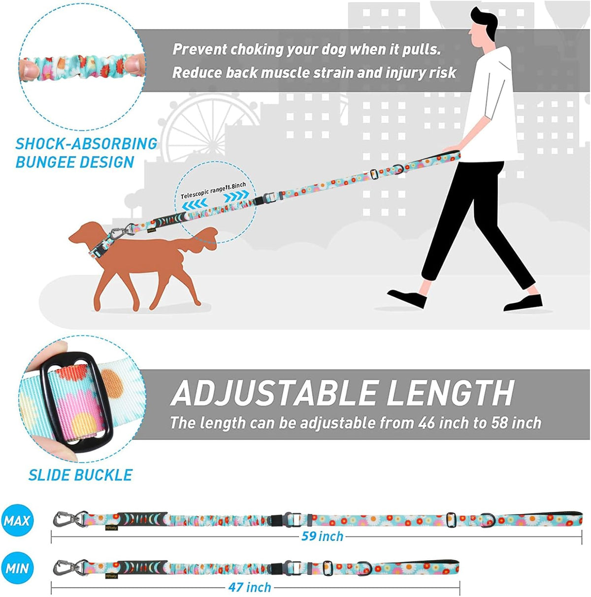 Hotsky Tactical Bungee Shock Absorbing No Pull Strong Dog Leash,Daisy,4-6FT