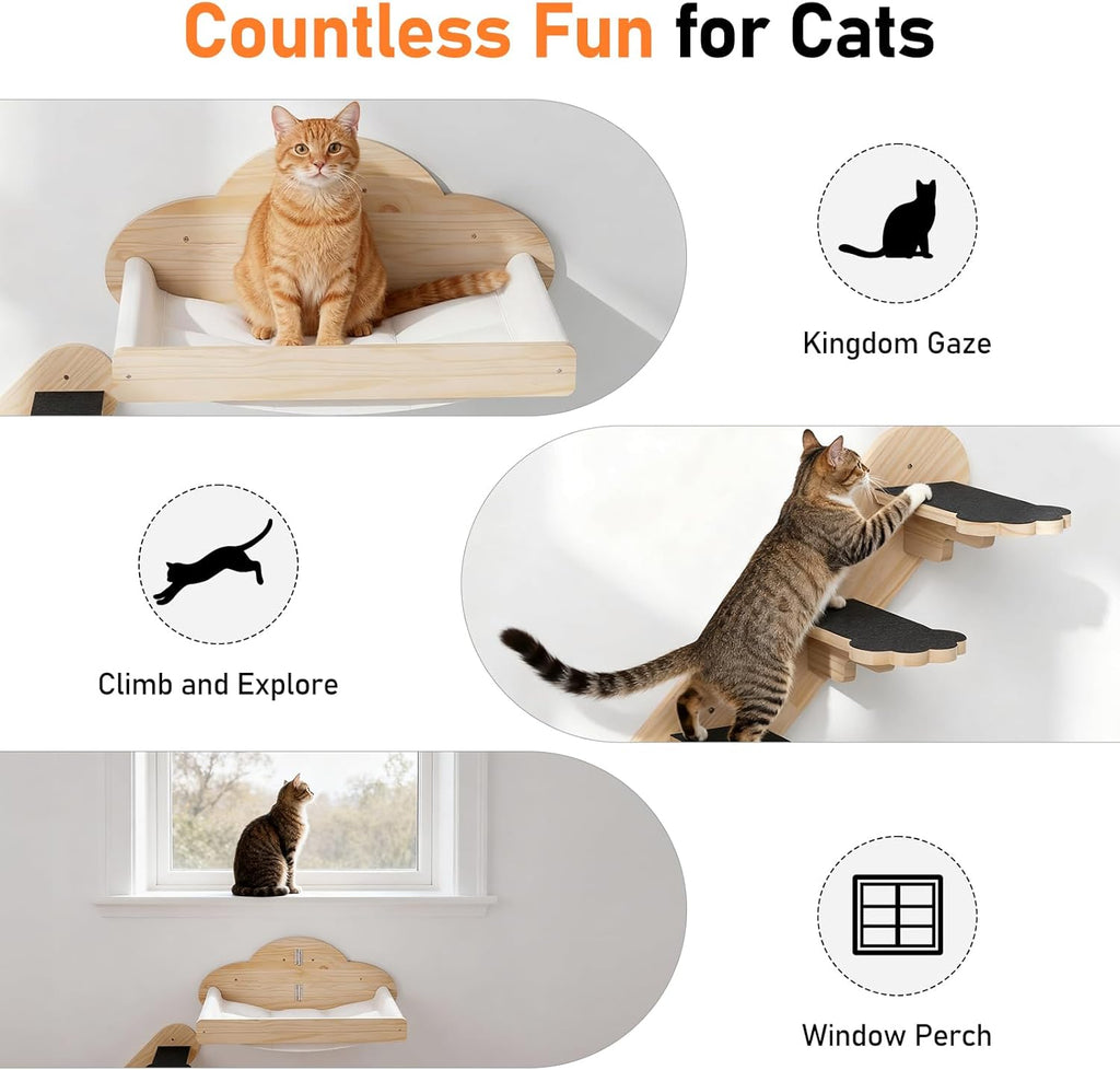XiaZ Cat Wall Hammock Mounted Bed with 4 Climbing Steps, Modern Cats Shelves and Perches up to 30lbs, Wooden Kitten Wall Furniture for Indoor Sleeping, Playing, Climbing and Lounging (Hammock)