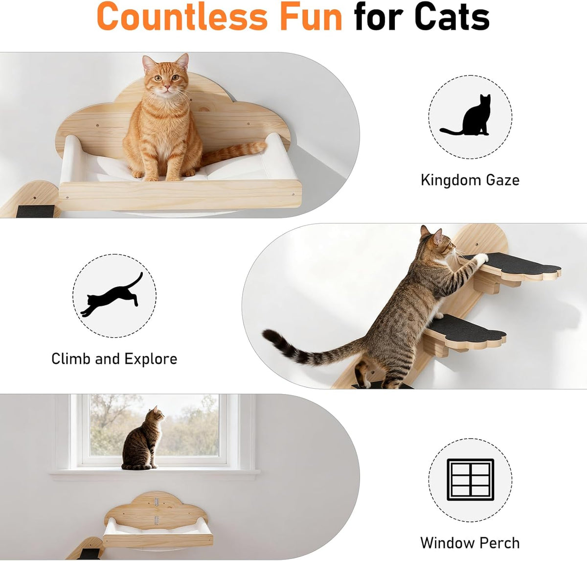 XiaZ Cat Wall Hammock Mounted Bed with 4 Climbing Steps, Modern Cats Shelves and Perches up to 30lbs, Wooden Kitten Wall Furniture for Indoor Sleeping, Playing, Climbing and Lounging (Hammock)
