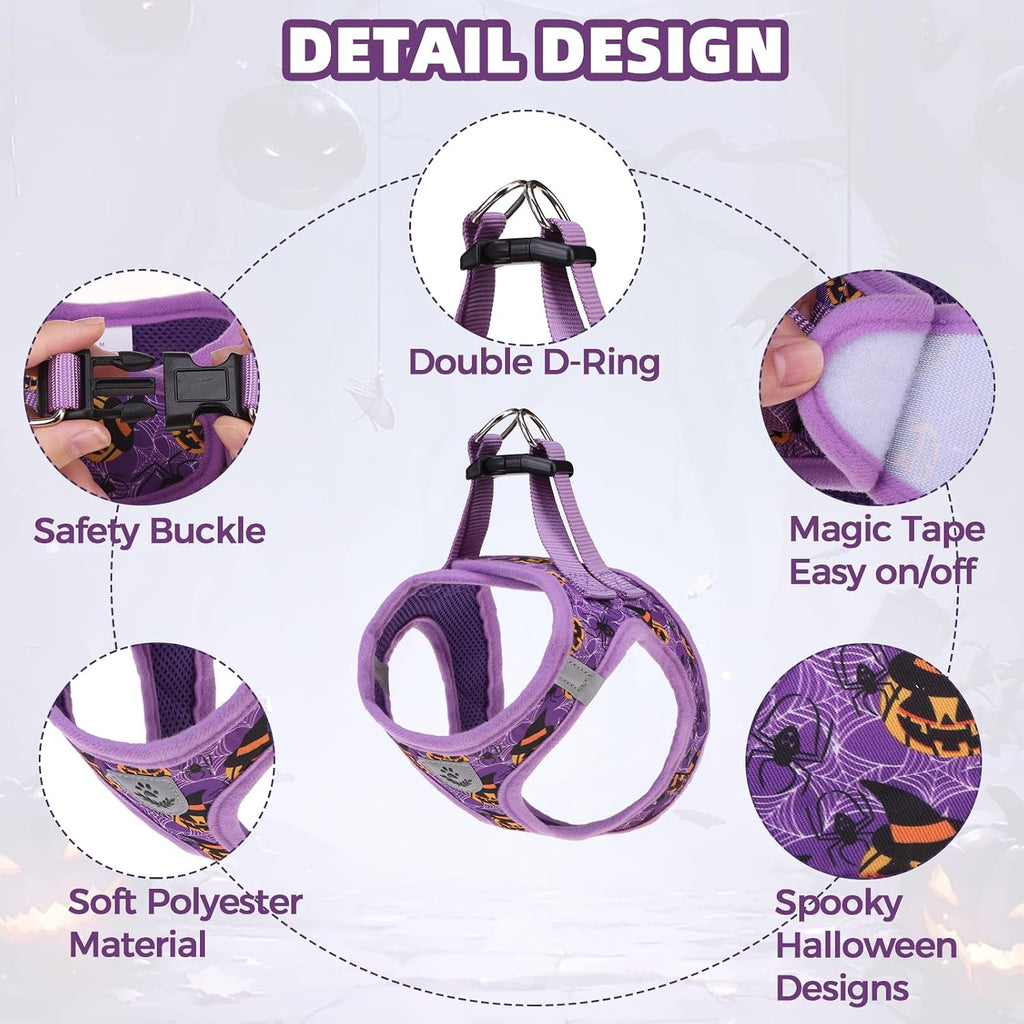PAWCHIE Halloween Dog Harness and Leash Set, Step in No Pull Soft Pet Harness, Reflective Adjustable Puppy Vest for Medium Dogs,No Choke Harness Vest with Poop Bag Holder for Walking,Running,Purple M