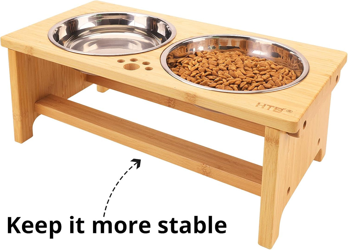 HTB Elevated Dog Bowl Stand with 2 Stainless Steel Bowls-7" H Medium Bamboo | Raised Dog Bowl Stand, 7"tall, 29 Oz Bowls, for Medium Sized Dogs, Pet-safe, Solid Bamboo 
