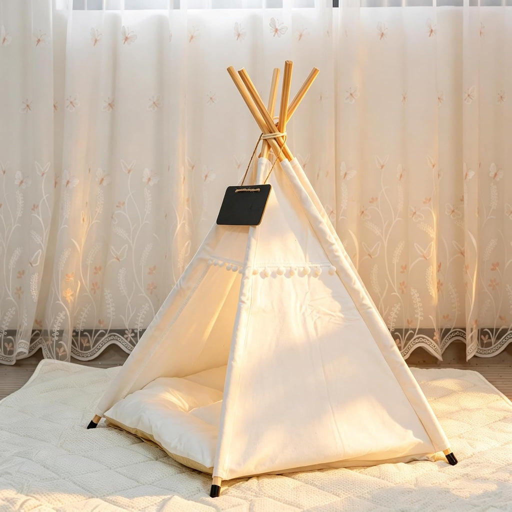 Pet Teepee Tent with Thick Padded Cushion - Portable Washable Cotton Canvas Cat Tent & Dog Bed - Indoor Pet House for Small Dogs, Puppies, Cats - Modern Boho Home Decor