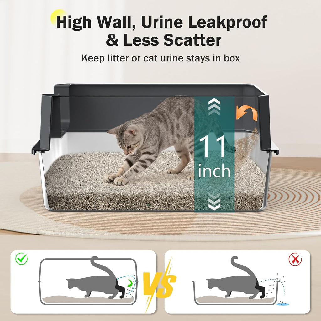 Stainless Steel Litter Box, Extra Large Litter Boxes for Big Cats, XLarge Metal Cat Litter Box with Lid, Anti-Urine Leakage XL Box with High Sides, Easy Clean, Non-Sticky, Scoop Included