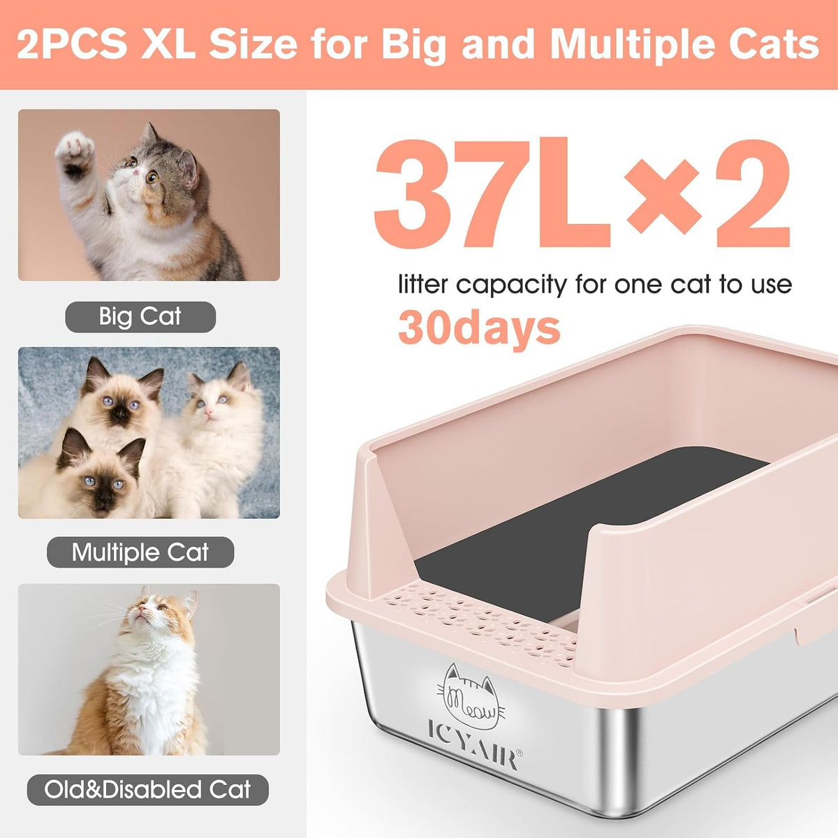 2PACK Stainless Steel Cat Litter Box with High Sides Lid, XL Litter Box for Big Multiple Cats, Extra Large Metal Kitty Litter Boxes with Anti-Leakage Enclosure, Non-Stick,Odorless,Scoop Included