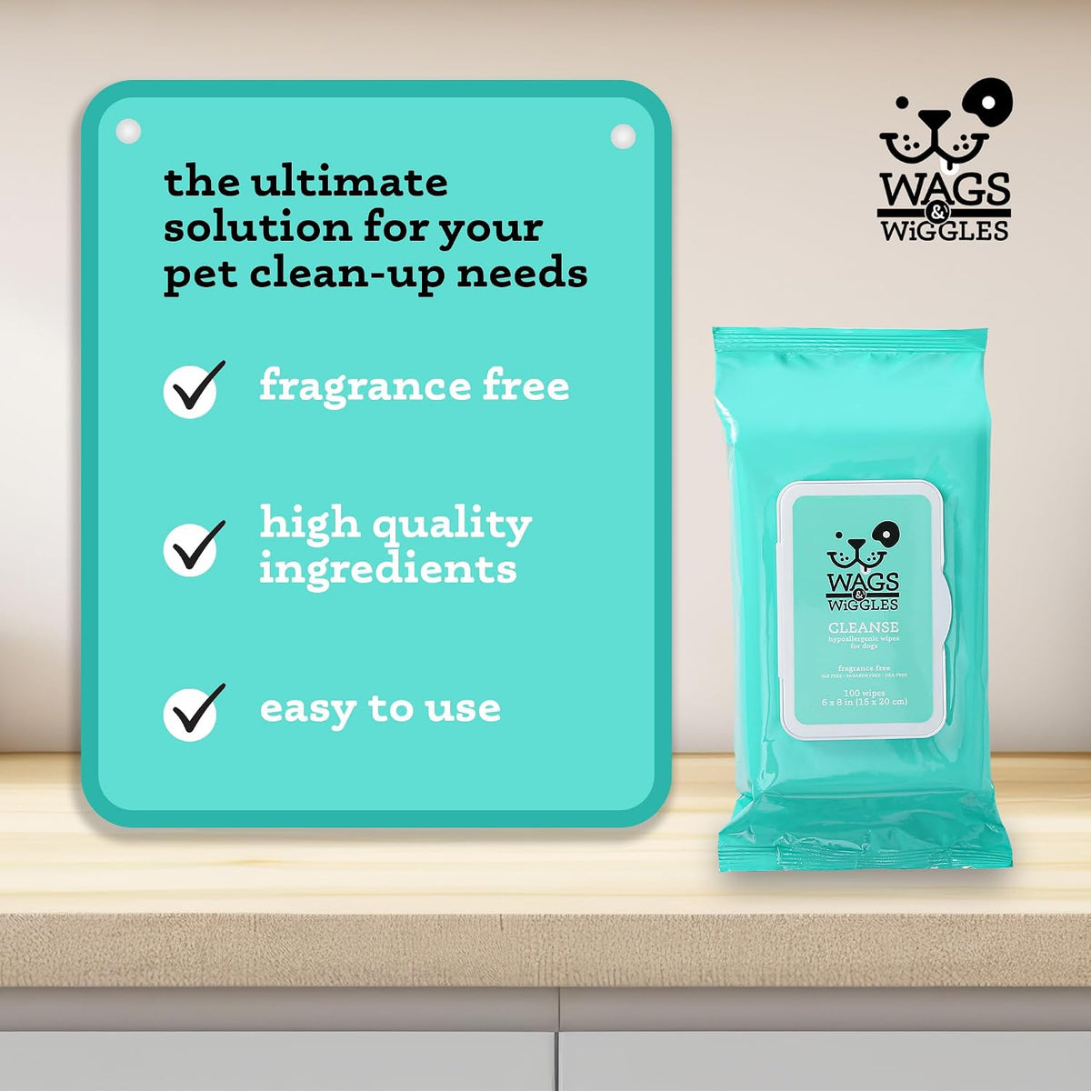 Wags & Wiggles Hypoallergenic Dog Wipes, Fragrance-Free, 100 Count | Waterless cleansing cloths for paws, face, and body, no SLS, parabens, or DEA for sensitive skin