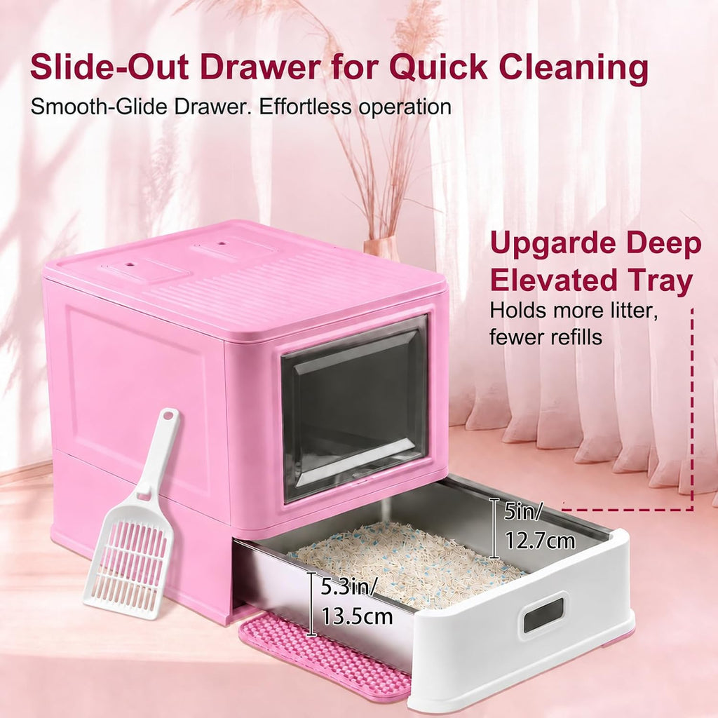 Marchul Enclosed Stainless Steel Cat Litter Box with Lid & Drawer Design for Indoor All Lifestyles Cats, Metal Covered Cat Litter Box, Baffles for Anti-Leakag, with Litter Scoop & Litter Mat（Pink）