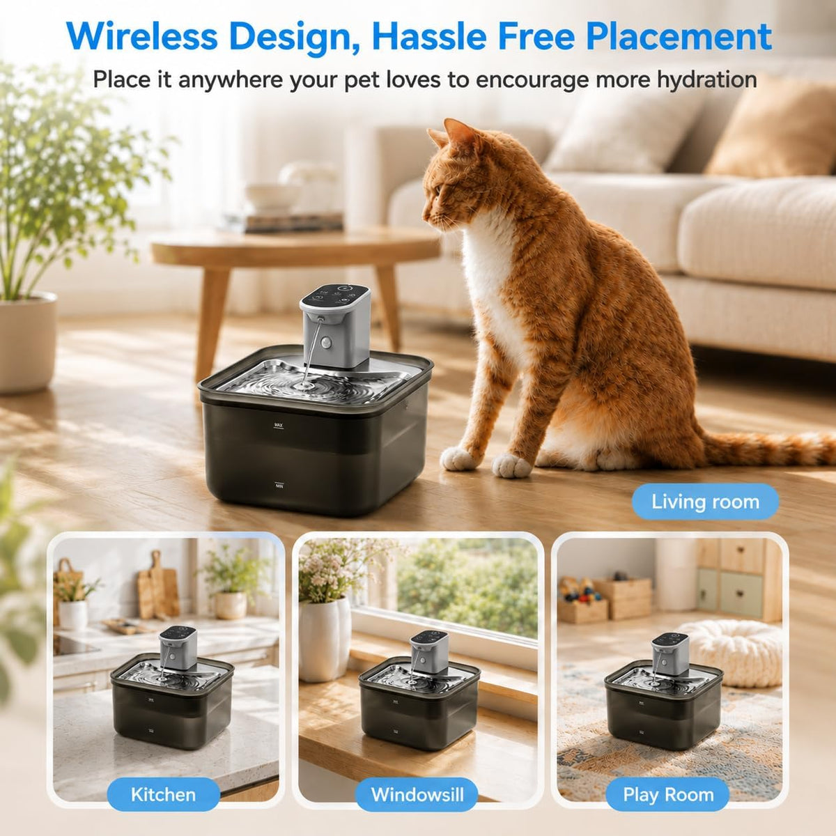 Cordless Battery Rechargeable Cat Water Fountain 3.5L Stainless Steel Tray