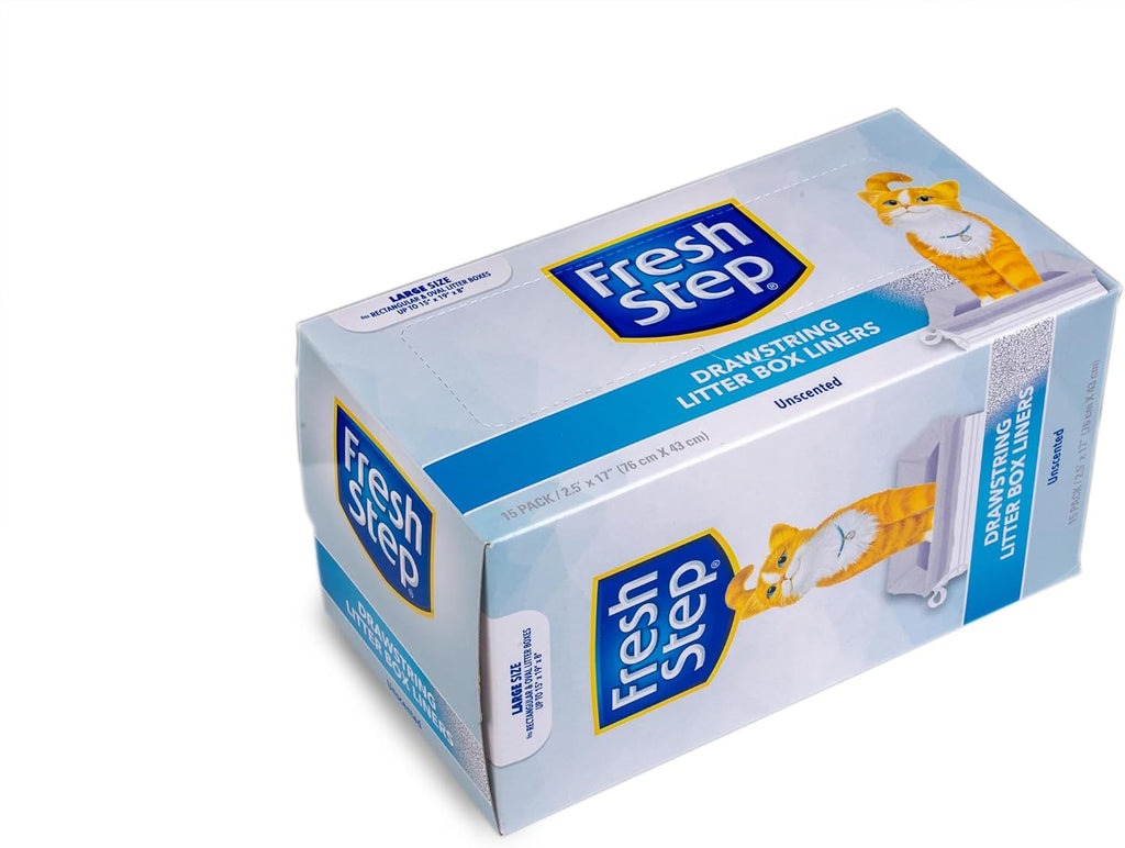 Fresh Step Drawstring Cat Litter Liners, 2.5 ft x 17 in, 15 Ct, 12-Pack | Heavy-duty bags, unscented, drawstring closure, large oval or rectangle pans