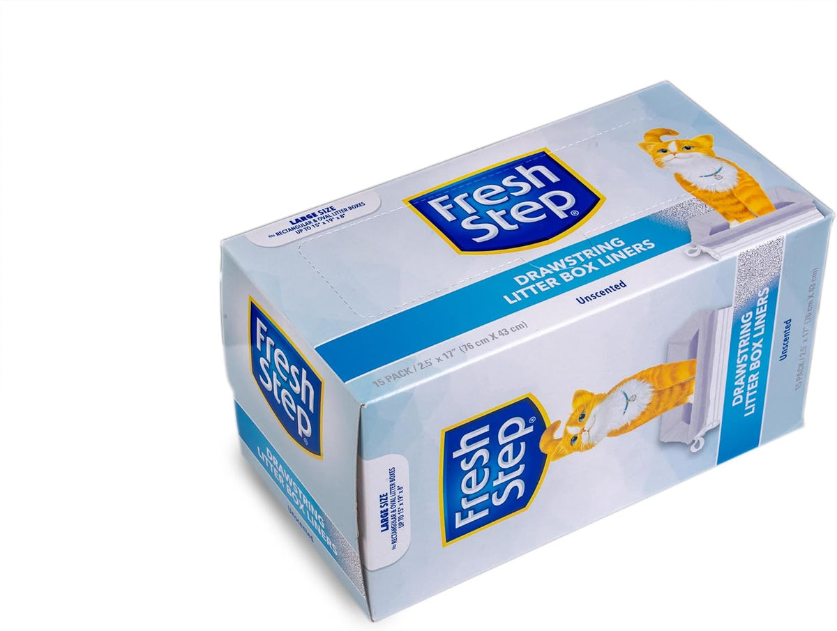 Fresh Step Drawstring Cat Litter Liners, 2.5 ft x 17 in, 15 Ct, 12-Pack | Heavy-duty bags, unscented, drawstring closure, large oval or rectangle pans
