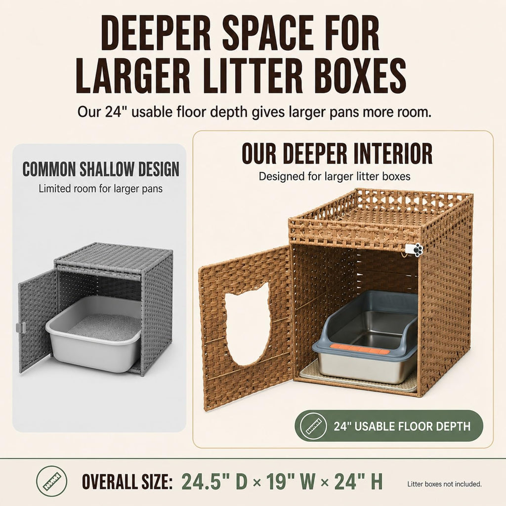 Handwoven Rattan Cat Litter Box Enclosure for Large Litter Boxes, 24.5-Inch Deep Hidden Cat Washroom Furniture with Litter Mat & 2 S-Hooks, Natural