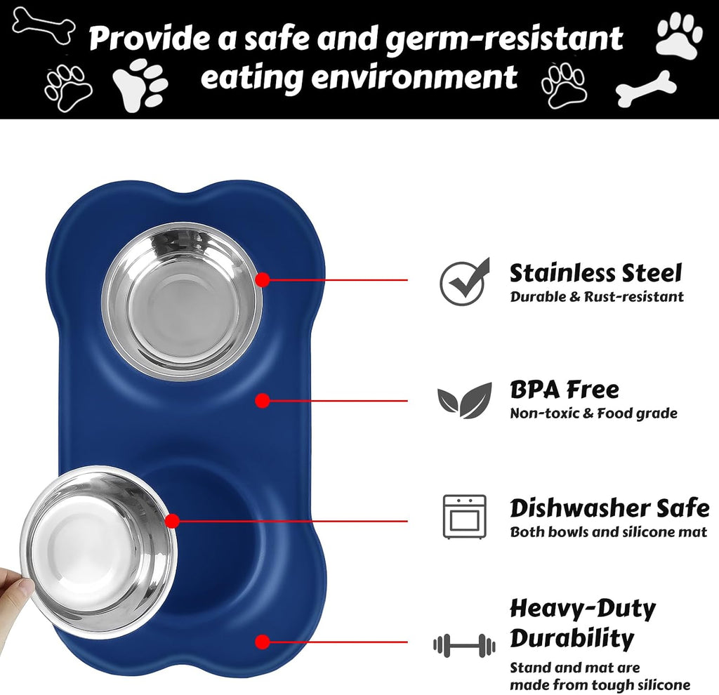 AsFrost Dog Food Bowls Stainless Steel Dog Food and Water Bowl Set, Dog Bowls No Spill Non Slip Silicone Mat, Dog Dishes for Small Medium Size Dogs Cat Puppy Pet Food Feeding Bowls, Blue, 12oz 