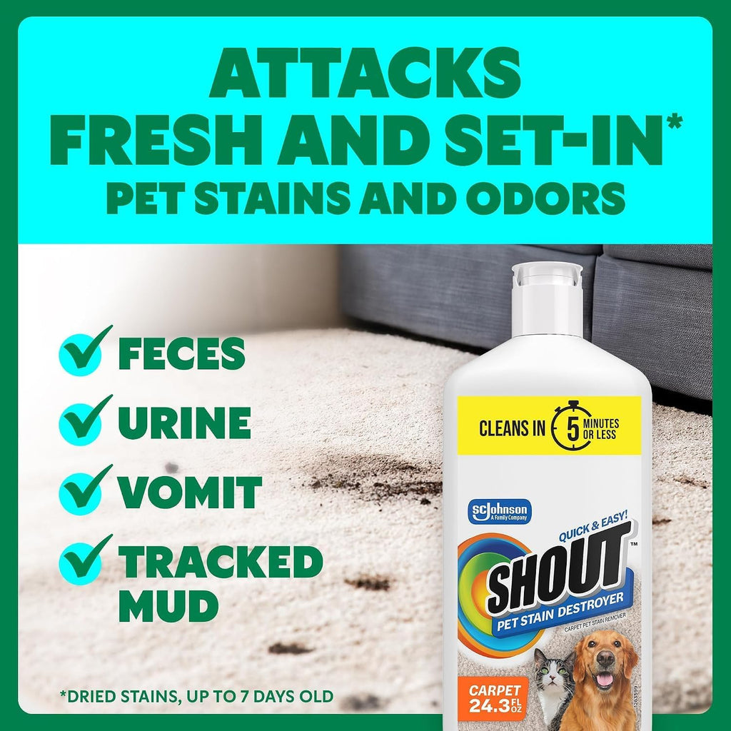 Shout Pet Stain Remover, Color-Safe Rug, Upholstery & Carpet Cleaner Solution for Dog & Cat Urine, Feces, Vomit & Mud, Fights Odors & Remarking, Fast-Acting Cleans in 5 Minutes or Less, 24.3oz
