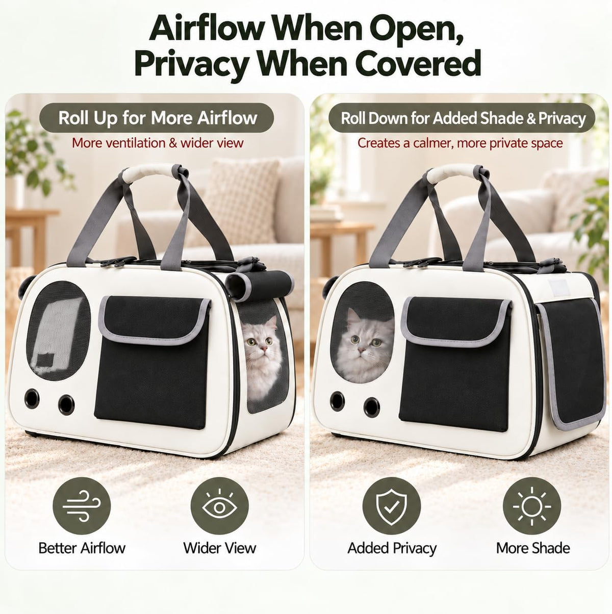 Soft-Sided Cat Carrier, 17.7“×10.2”×11“ Foldable Portable Pet Travel Bag, Cream & Black