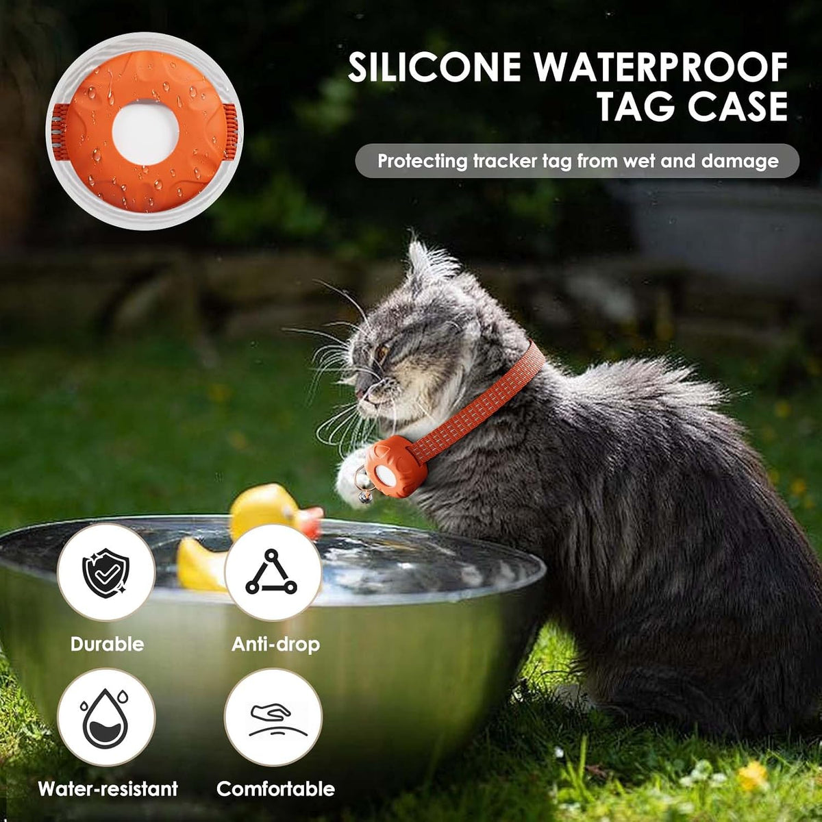 GPS Tracker for Cats, Cat Tracker Collar with Safety Elastic Buckle, Compatible with Apple Find My App (Only iOS), No Monthly Fee, Waterproof (White Tracker, Orange Cat Collar)