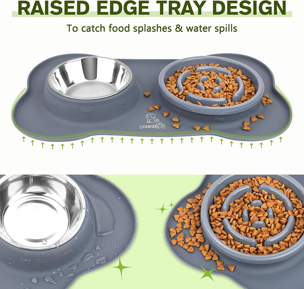 Pecute Slow Feeder Dog Bowls to Slow Down Eating, Dog Slow Feeder Bowl | No-Spill Non-Skid Silicone Mat, Food-Grade Safe Dog Food Bowls Slow Feeder, Stainless Steel Dog Water Bowl for Dogs Cats（L) 