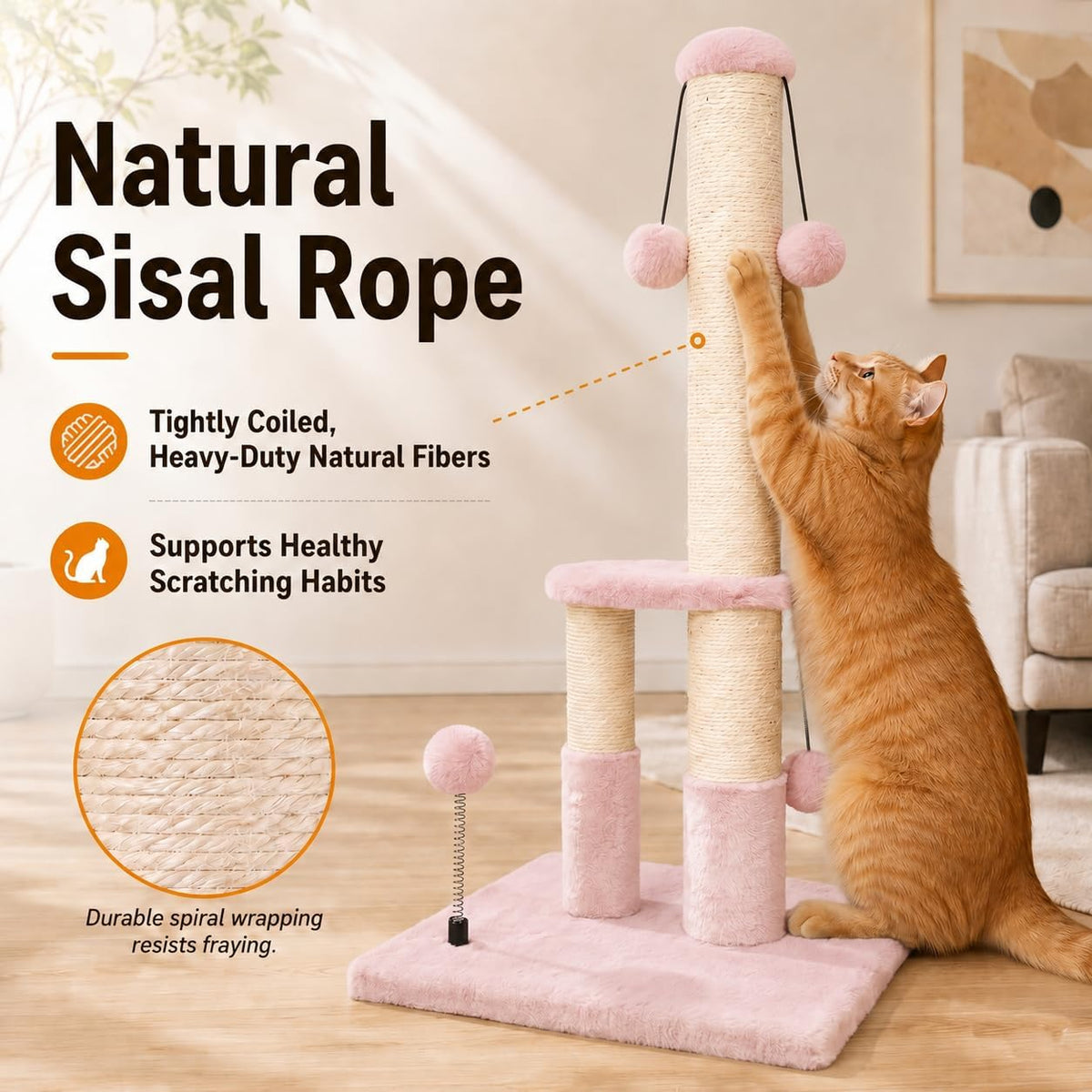Dimaka Tall Cat Scratching Post, Double Lower Posts Extra Stable Cat Post Tree Scratcher with Sisal Rope and Teasing 4 Balls Total Large Base (Pink)