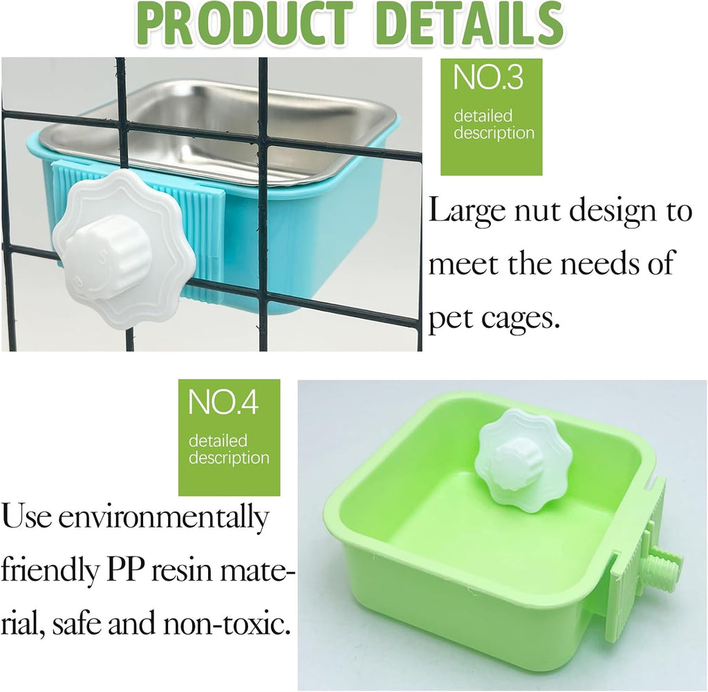 kathson Crate Dog Bowl, Removable Stainless Steel Hanging Pet Kennel Cage Bowl Food & Water Feeder Coop Cup for Puppy, Cat, Rabbit, Guinea Pigs 2pcs Small Square(Blue, Green)