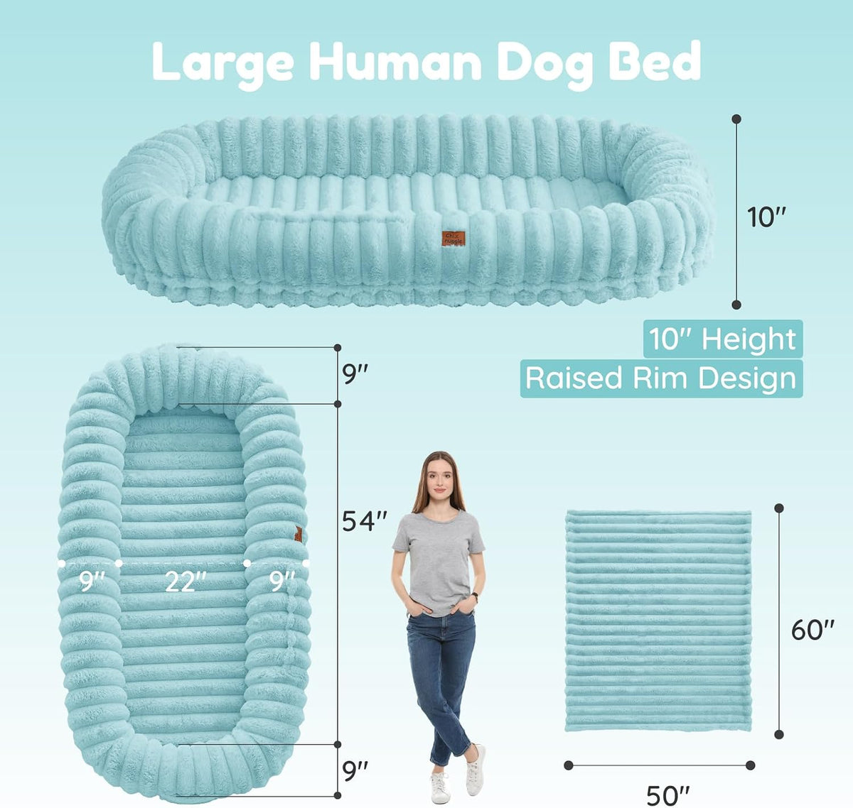 ChiXnuggle Orthopedic Human Dog Bed,Striped Faux Fur Washable Cover,Blanket