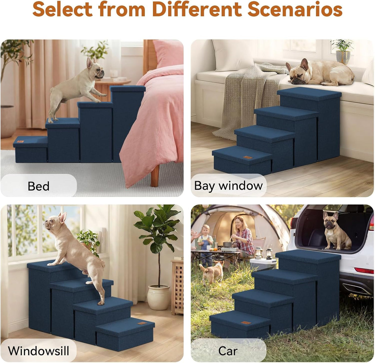 Zerbuger Dog Stairs with Storage, Navy Blue 4 Steps Dog Ramp no Condo