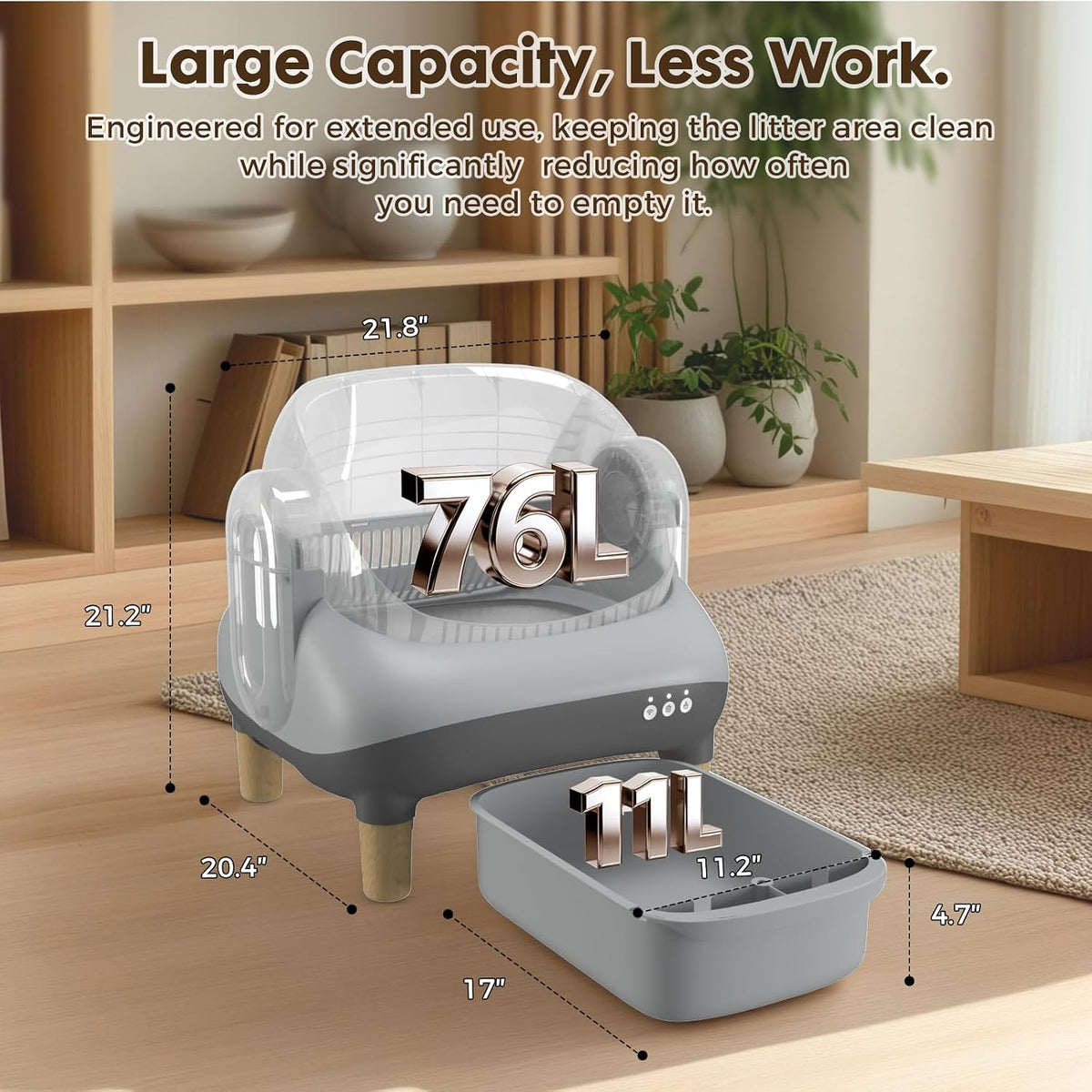 GTPLAYER Self Cleaning Litter Box, Open Top Cat Automatic Litter Box - APP Control and Weight Monitoring, Safety Sensors Protection, Ultra-Quiet, Odor Control, Includes Trash Bag& Scrub Brush, Gray