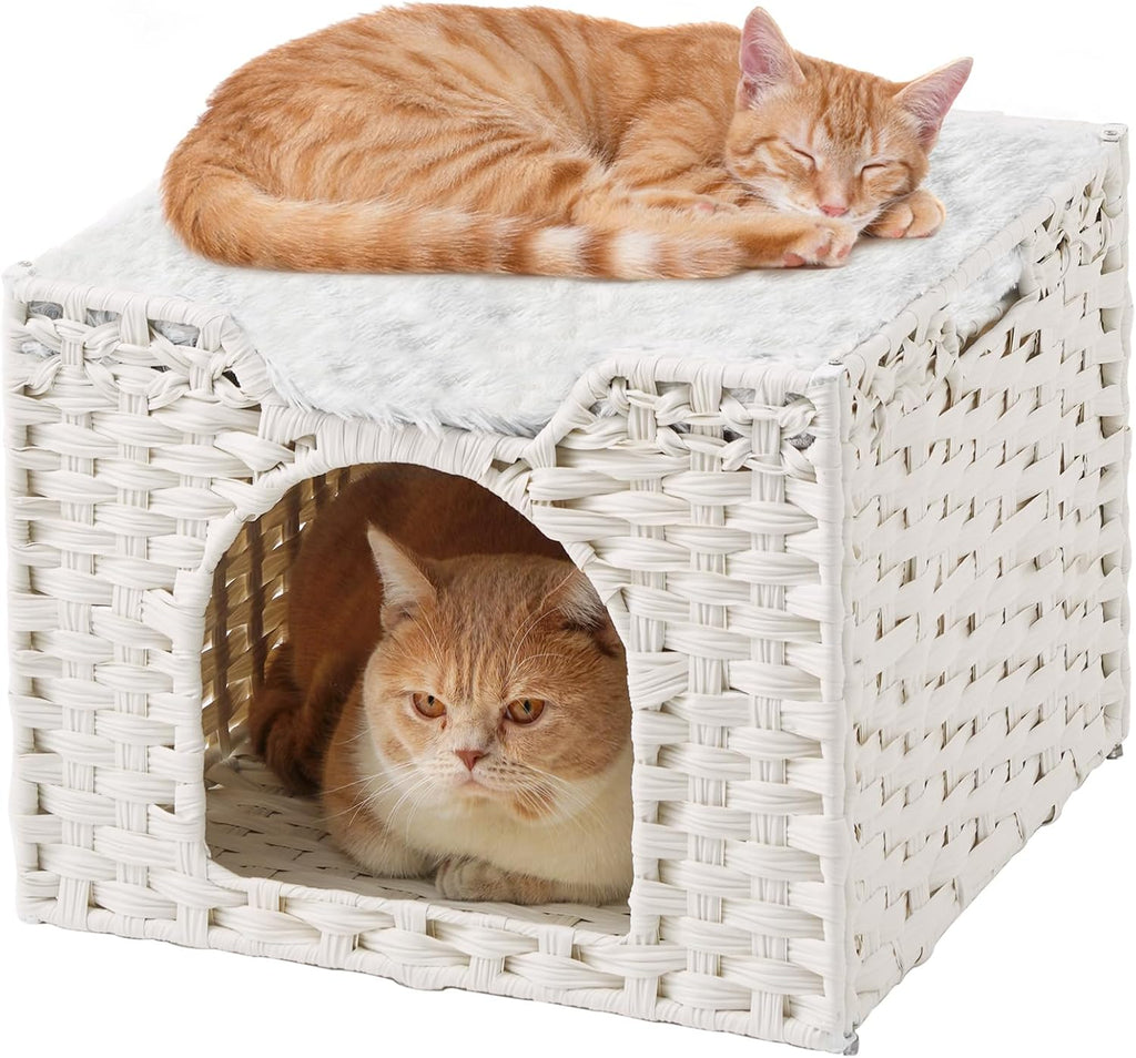 SETVSON Cat Beds Indoor Kitten House, Handwoven Rattan Cave, White