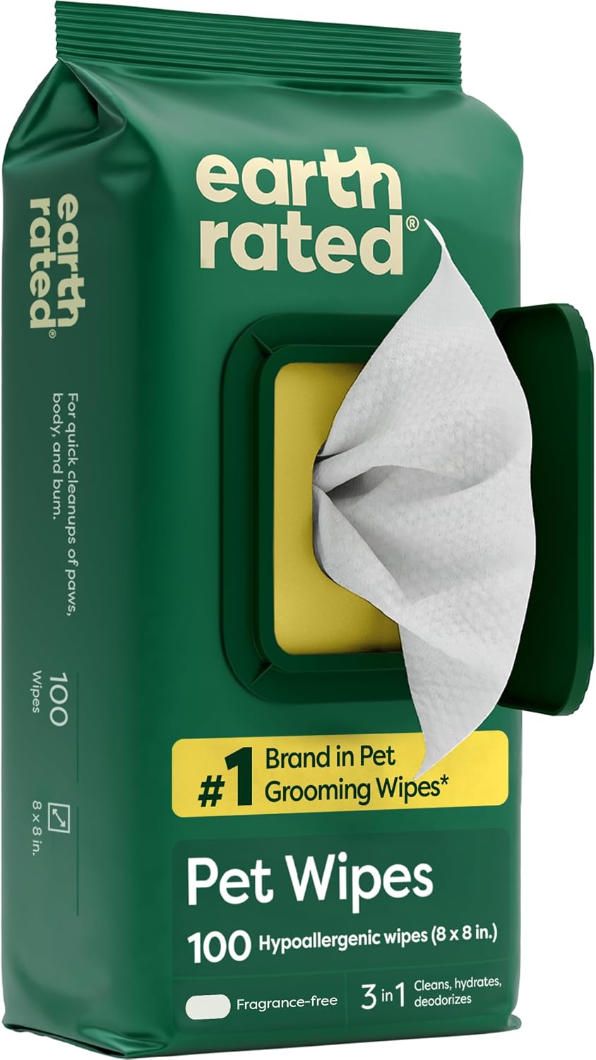 Earth Rated Dog Wipes for Paws & Butt, Deodorizing, Unscented, 100ct | Hypoallergenic, 3-in-1 Cleaning and Hydrating, for Grooming Paws, Body and Butt 