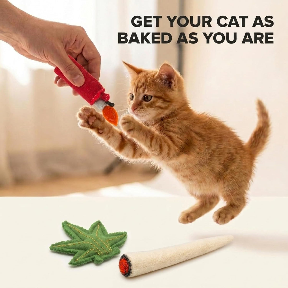 Glaciart One Catnip Joint, Leaf and Lighter Cat Toy Set, 3 Pack Handmade Wool Felt Funny Catnip Toys for Indoor Cats & Kittens, Novelty Gift for Cat Lovers