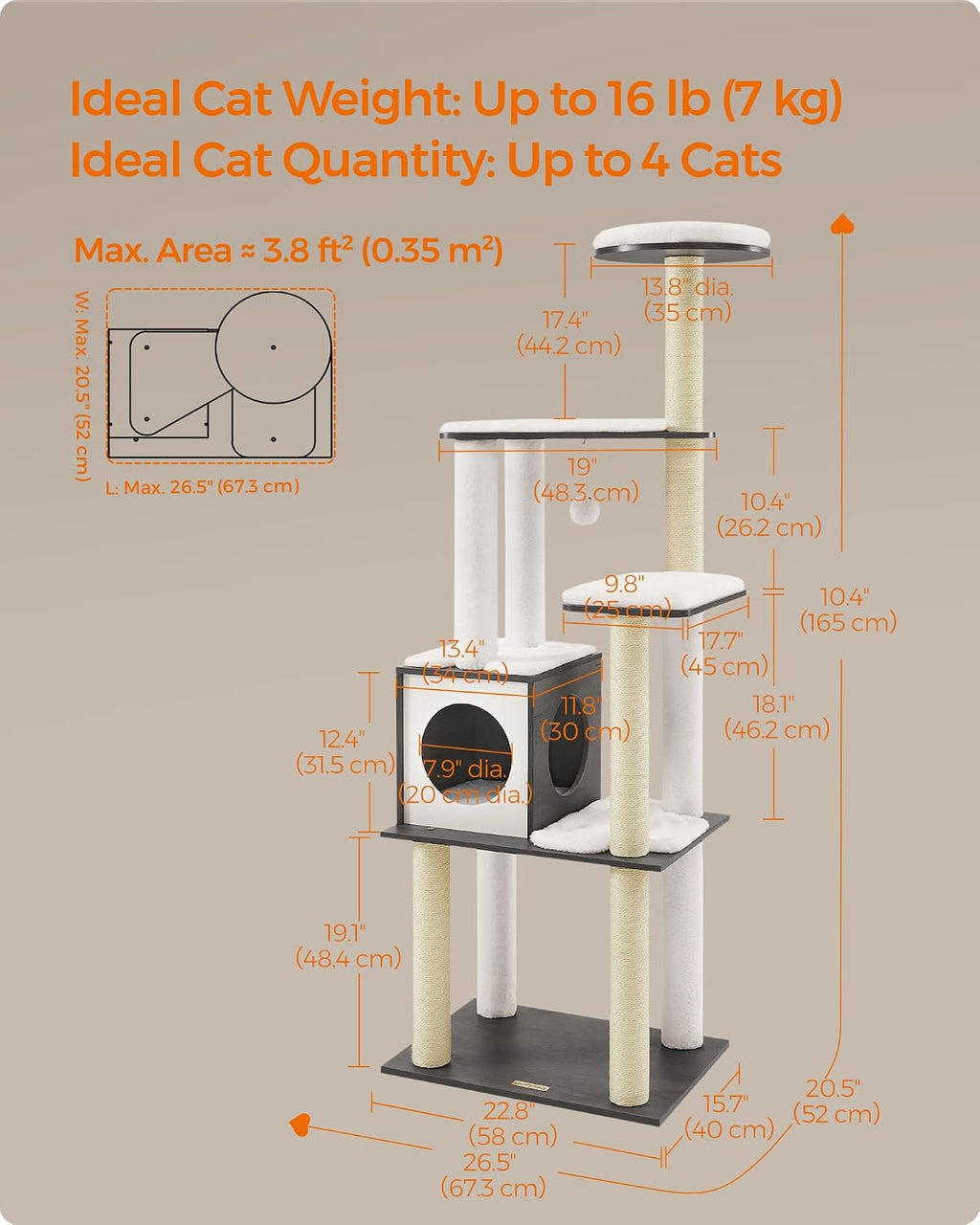 Feandrea Cat Tree, 65-Inch Multi-Level Tower with 5 Scratching Posts