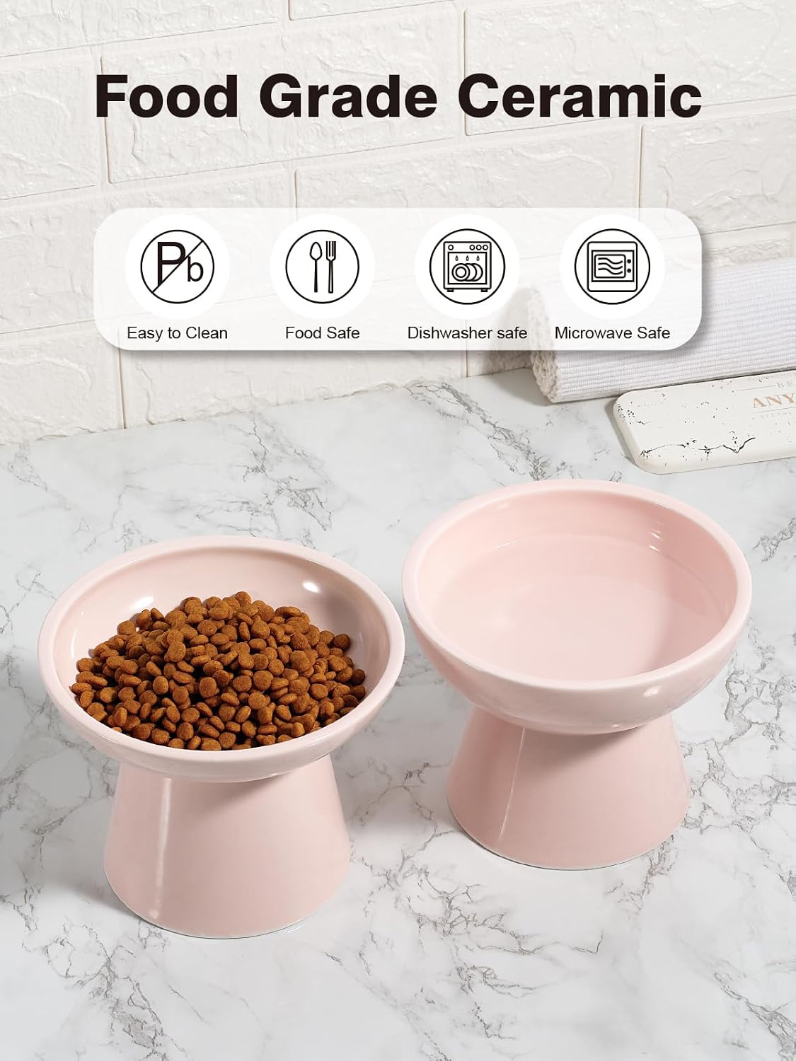 LoeJan Elevated Cat Food and Water Bowls Set, Extra Wide and Raised Ceramic Feeder, Anti-Vomit Whisker-Free Pressure Feeding Bowl for Kittens Adult Cats Small Dogs(Pink, Food Bowl)