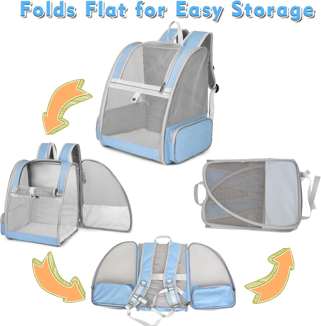 Cat Backpack Carrier, Small Dog Carrier Backpack with Fully Ventilated Mesh, Kitten Wand Feather Toy & Safety Leash, Collapsible Travel Hiking Pet Carrier for Small Dogs Cat Puppy Kitten Bunny (Blue)