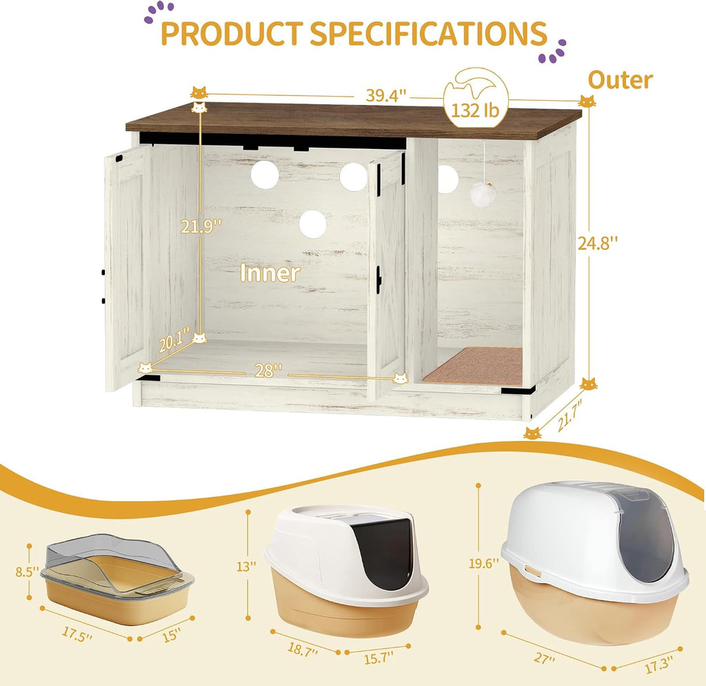 Hzuaneri Cat Litter Box Enclosure, Hidden Litter Box Cabinet Furniture | Indoor Cat House with Bell, Farmhouse Style, 31.5 x 19.7 x 20.9 Inches, for Hallway, Bedroom, Rustic Brown and White CB85214X