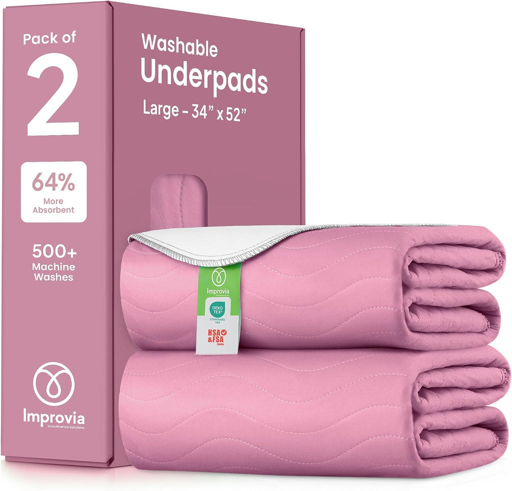 IMPROVIA® Washable Underpads, Heavy Absorbency Reusable Incontinence Pads for Kids, Adults, Elderly, and Pets, Waterproof Protection Floor (Pink and White, 34" x 52" - Pack of 2)