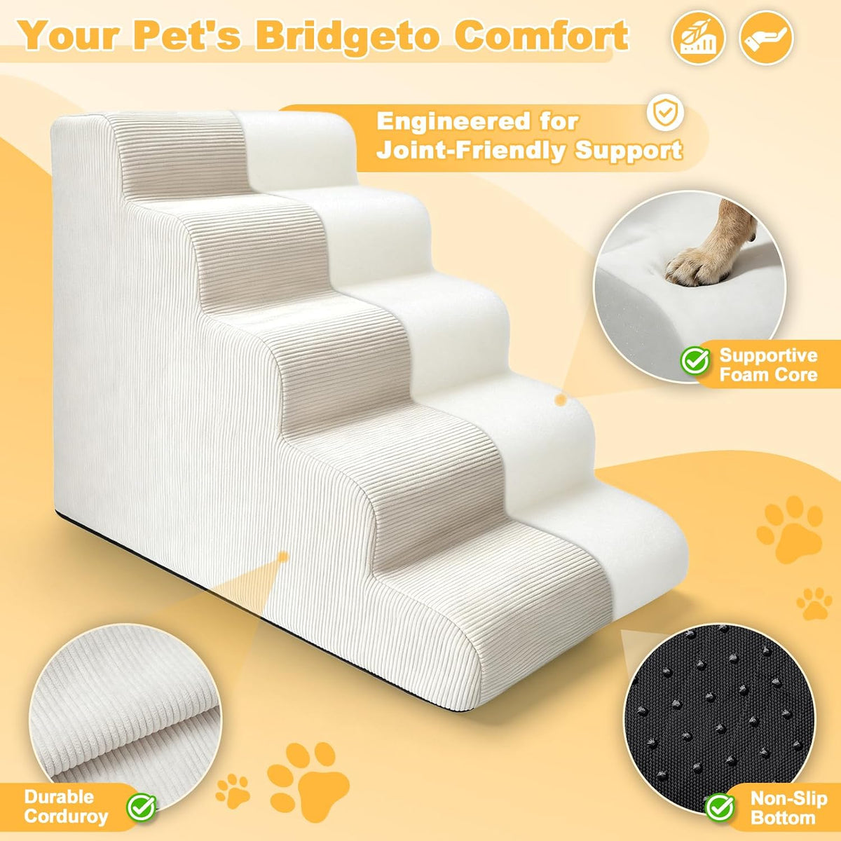 Dog Stairs for HIGT Bed - 24" H 5-Step Dog Ramp Up to 50 Lbs, Beige