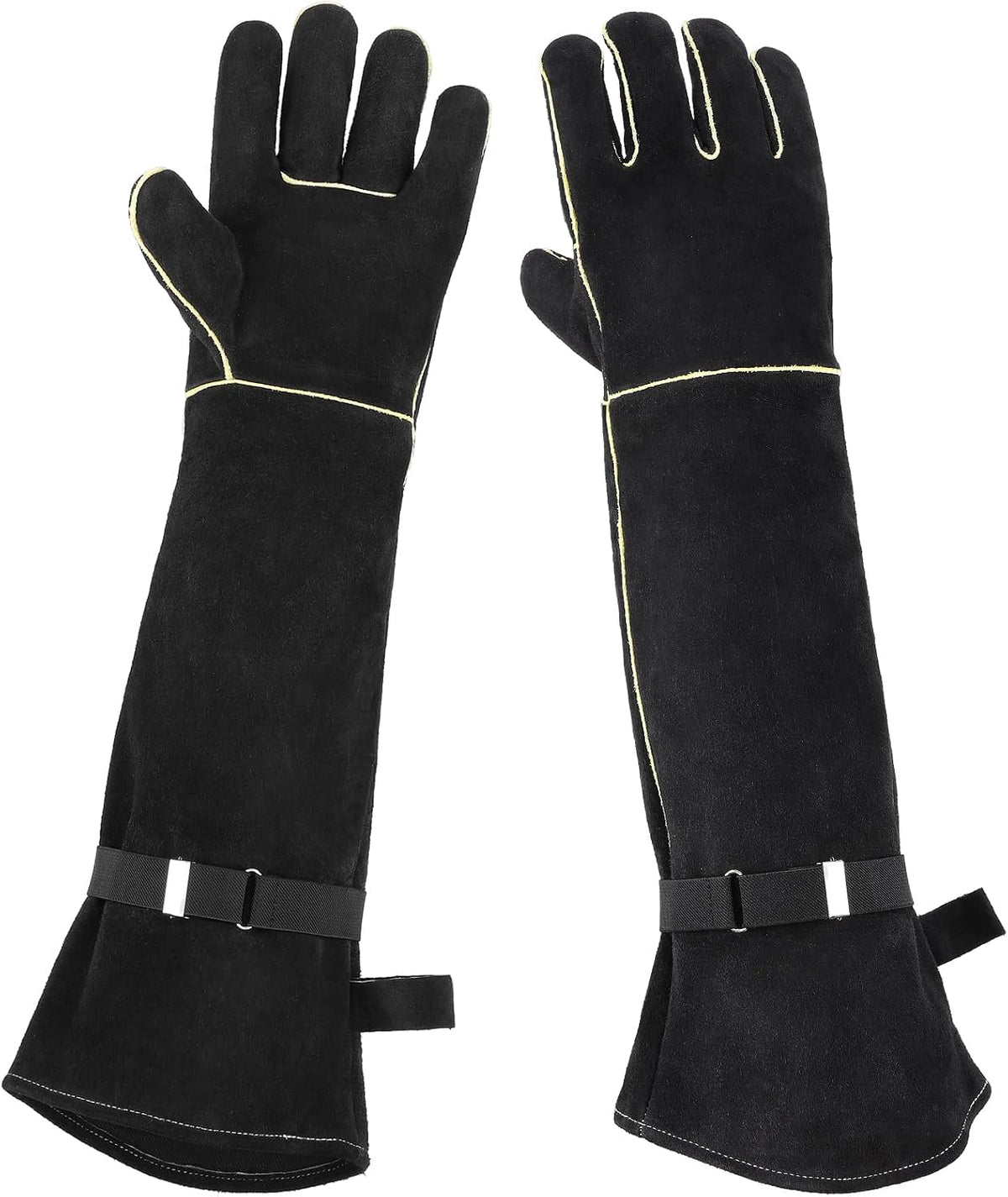 Animal Handling Gloves Bite Proof, Thickened Leather Cat Gloves for Scratching, Falconry, Welding, 23.6 inch Black Yellow