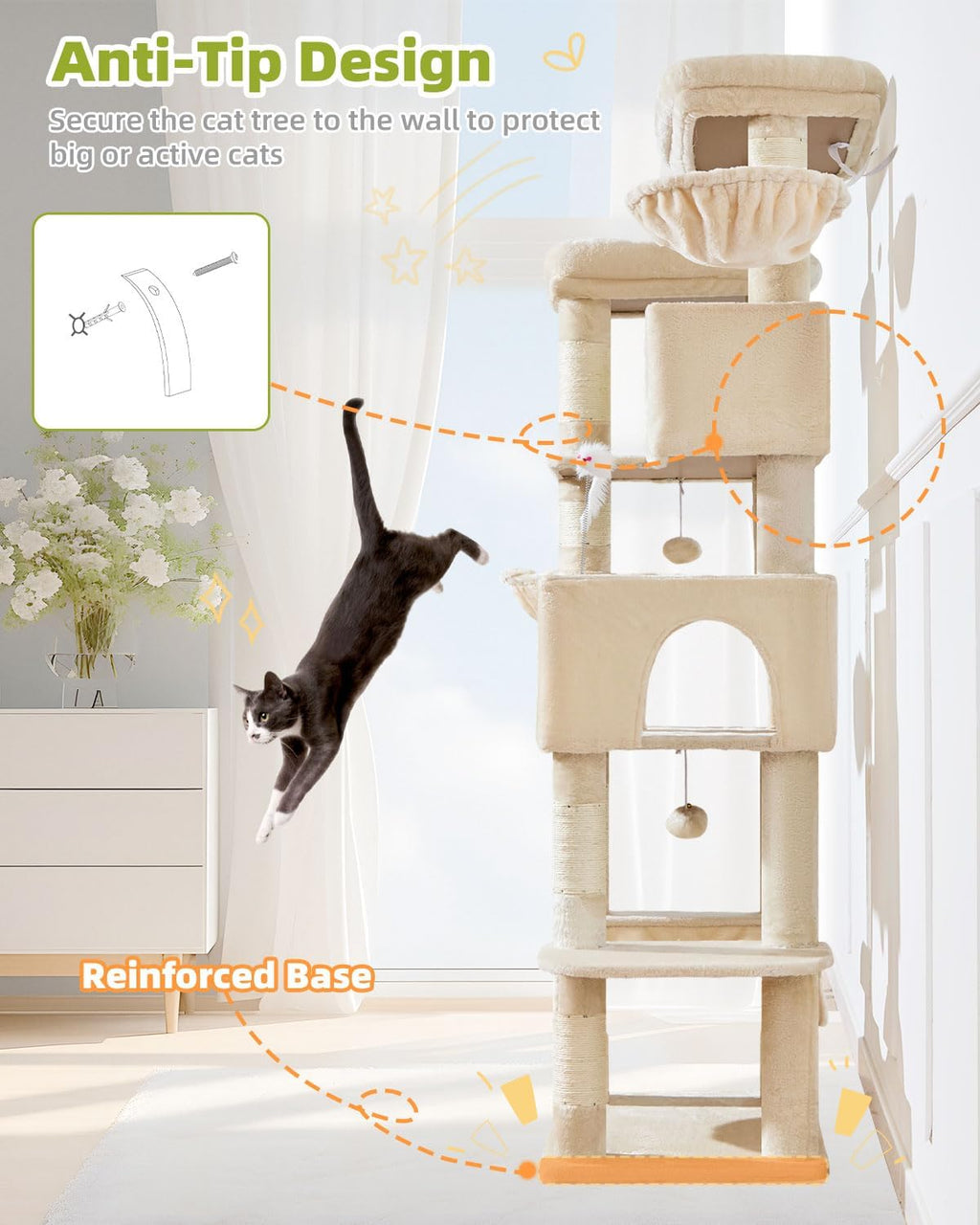 Taoqimiao 76in Cat Tree, Tall Sturdy Cat Tower for Large Indoor Cats MS046M