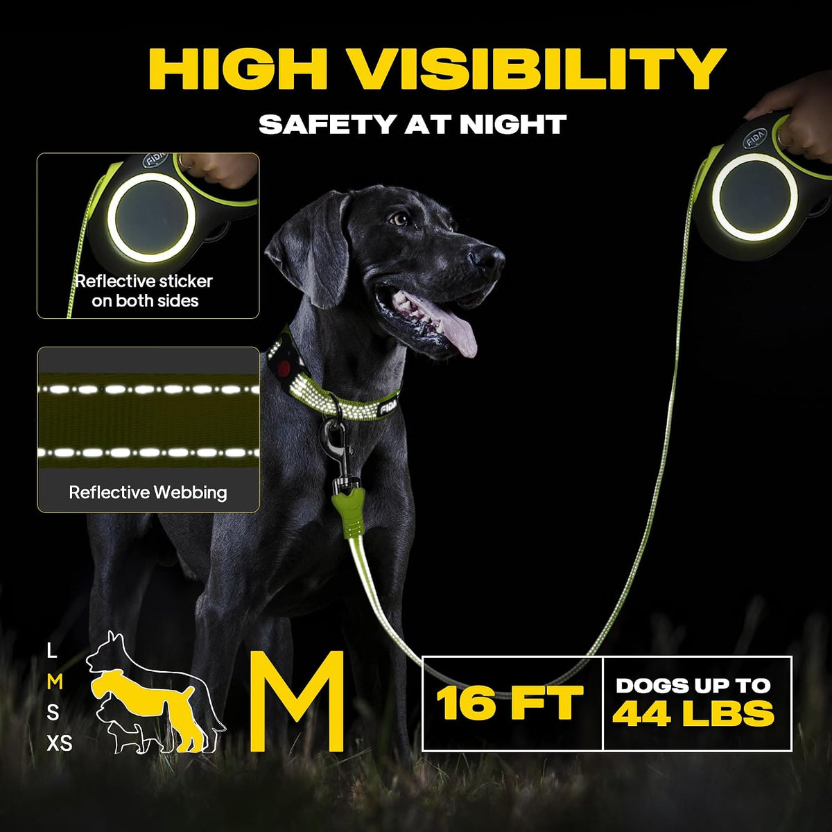Fida Retractable Dog Leash, Reflective 16ft Heavy Duty Pet Walking Leash for Medium/Large Dog up to 44 lbs, Tangle Free. One-Hand Brake (Medium, Neon Yellow)