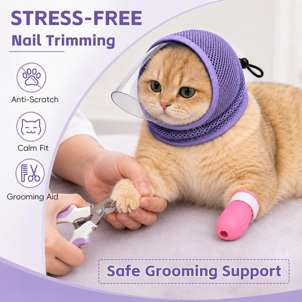 Cat Muzzle for Grooming with 4 Claw Cover, Breathable Cat Helmet for Biting
