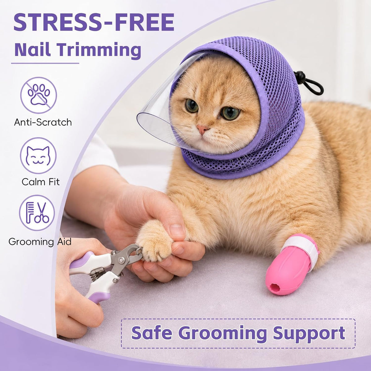 Cat Muzzle for Grooming with 4 Claw Cover, Breathable Cat Helmet for Biting