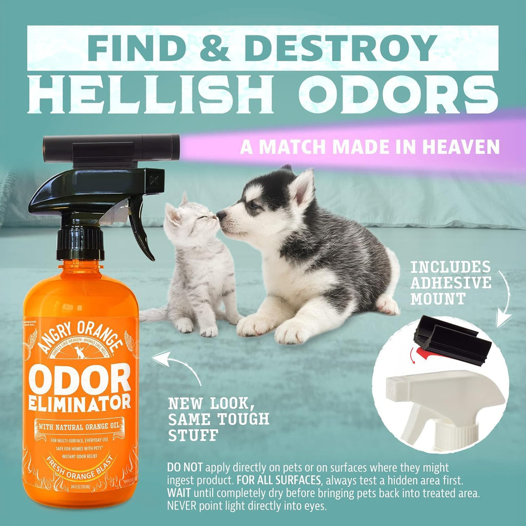 ANGRY ORANGE Pet Odor Eliminator Kit for Dog/Cat Urine, 24oz Citrus Odor Eliminator Spray and Stain Sniper Flashlight - Citrus Scent