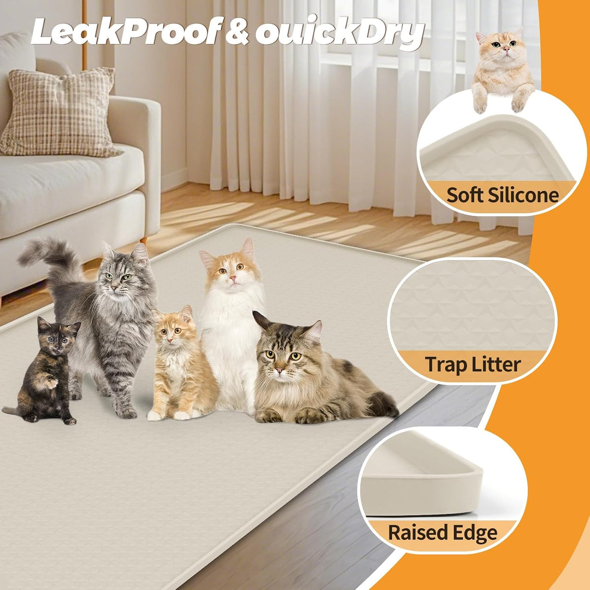 Cat Litter Mat for Litter Box 51"x25.6" Extra Large Silicone Mat, Beige