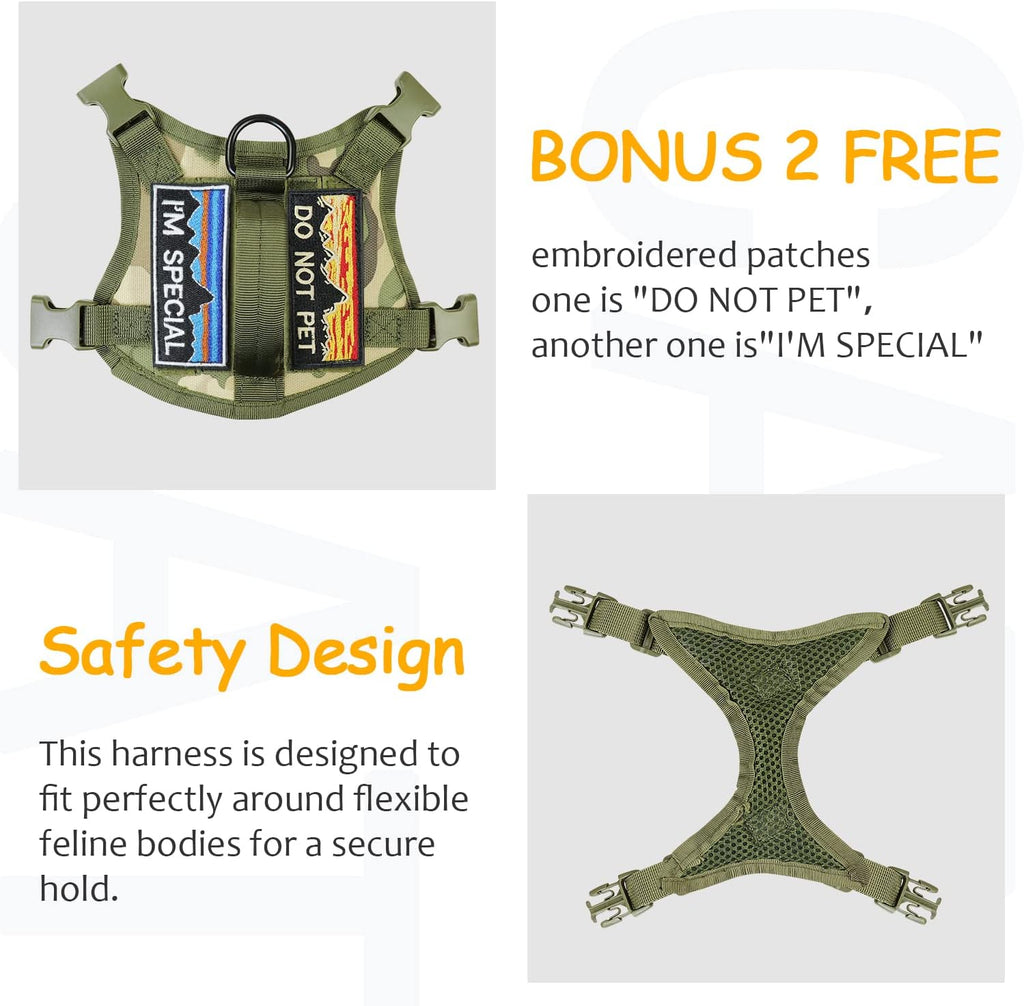 Tactical Cat Harness for Walking, Adjustable Escape-Resistant Vest with Handle and MOLLE Panels, Breathable Harness for Large Cats, Harness Only, Camo Green, L