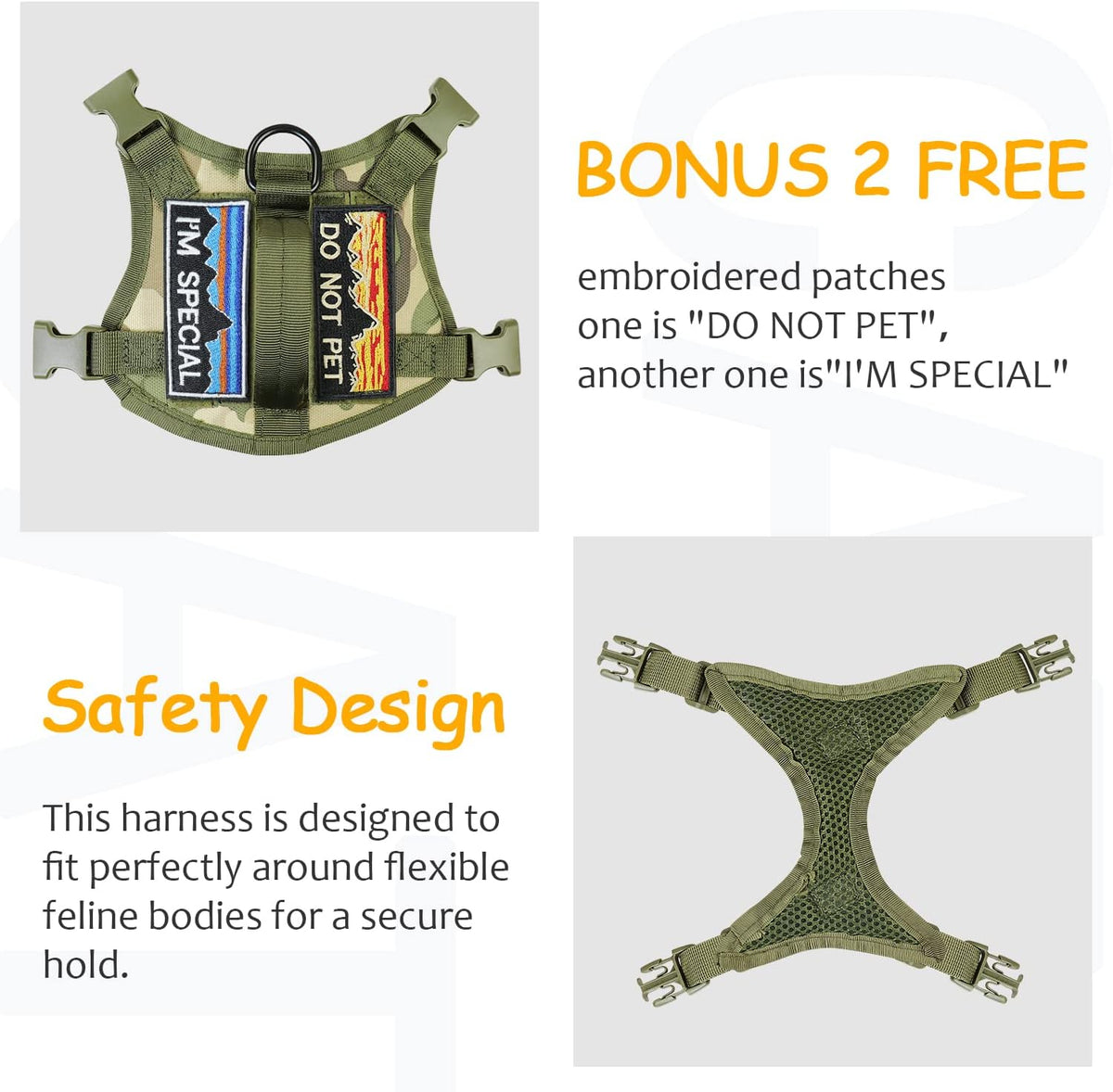 Tactical Cat Harness for Walking, Adjustable Escape-Resistant Vest with Handle and MOLLE Panels, Breathable Harness for Large Cats, Harness Only, Camo Green, L