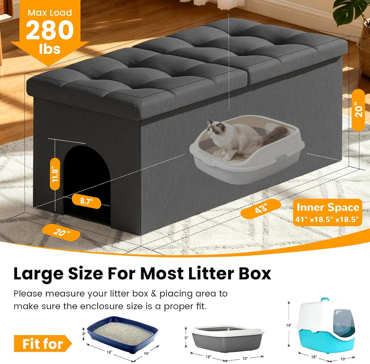 3-in-1 Cat Litter Box Enclosure Furniture, XX-Large, Dark Grey