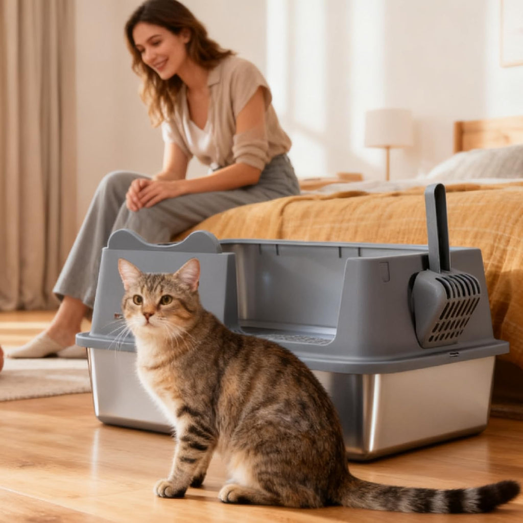 XL Stainless Steel Cat Litter Box for All Cats with High Sides and Scoop