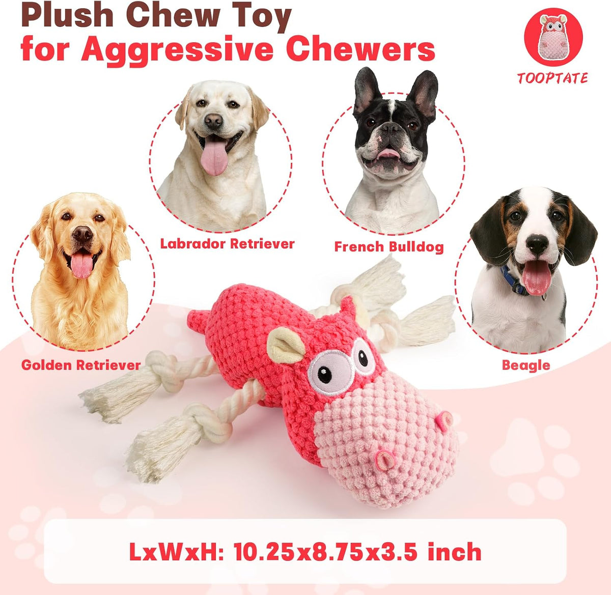 TOOPTATE Hippo Squeaky Dog Toy, Pink, Medium | Cute Plush Design, Rope Legs for Tugging, Helps Keep Dogs Busy, Suitable for Small, Medium, and Large Dogs