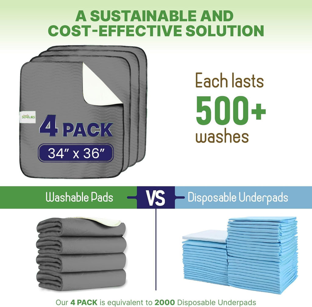 Bed Pads Washable Waterproof 34"x36"- Pack of 4 Grey Incontinence Bed Pads | Washable Pee Pads for Adults - Dementia Products for Elderly & Elderly Assistance Products - Reusable Pee Pads Dogs & Kids